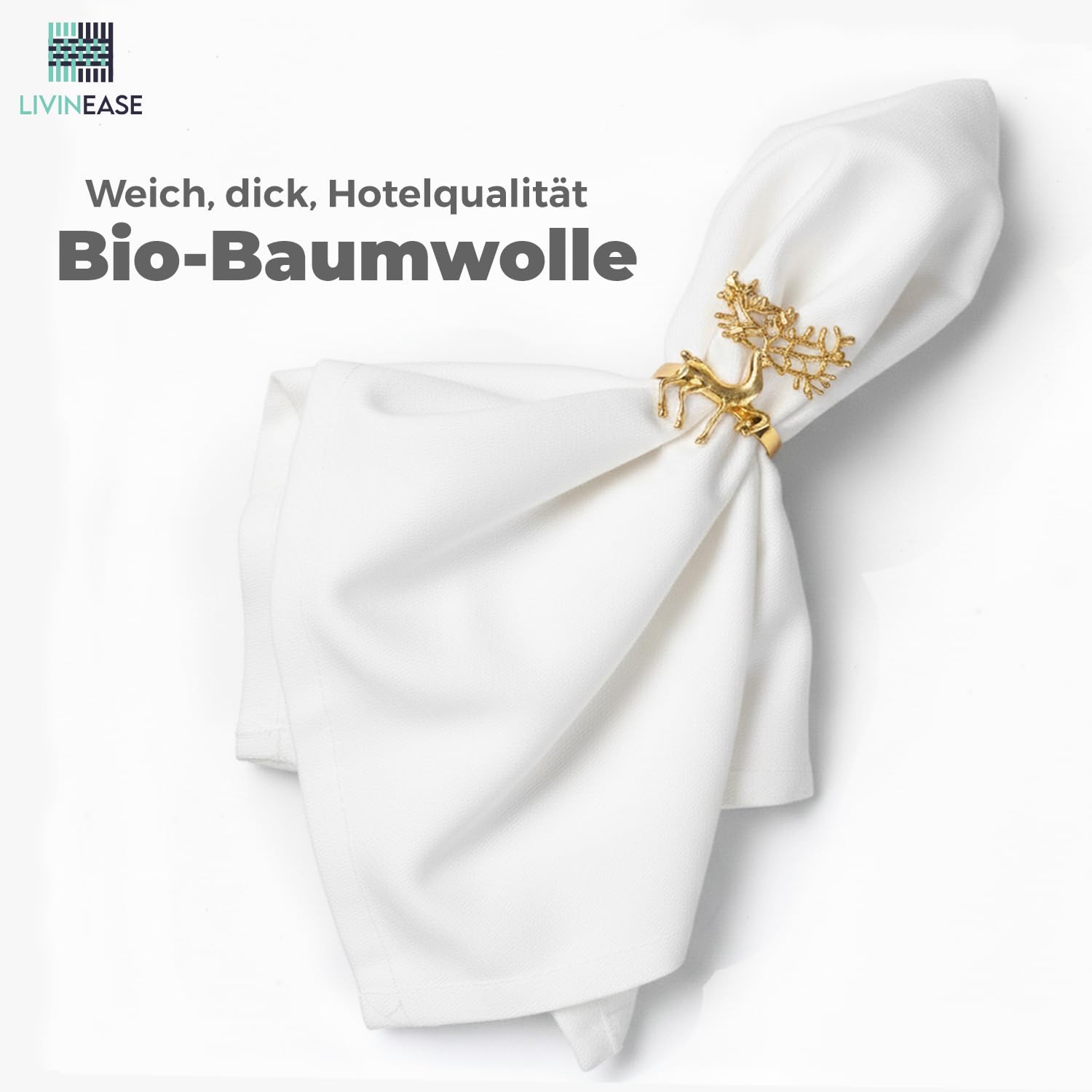 LivinEase Stoffservietten aus Baumwolle – 12 Stück Weiß Tischservietten – 100% Baumwolle, Wiederverwendbare große Stoffservietten 46 x 46 cm für den Weihnachtstisch (White)