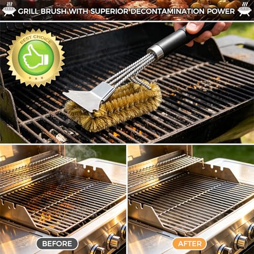 CNMTCCO Grillbürste Messing, 3-in-1 Grill Messingbürste mit Messing Borsten, Schaber & Extra Langem Griff, für Gasgrill, Holzkohlegrill & Elektrogrill, Effektiver Grillreiniger ohne Kratzer