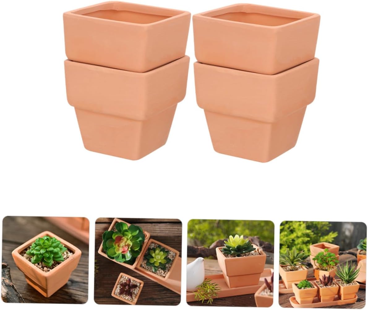 DOITOOL Red Pottery Succulent Flower Pot Square Planter Small Breathable Ceramic Cactus Pot for Indoor Desk Gardening