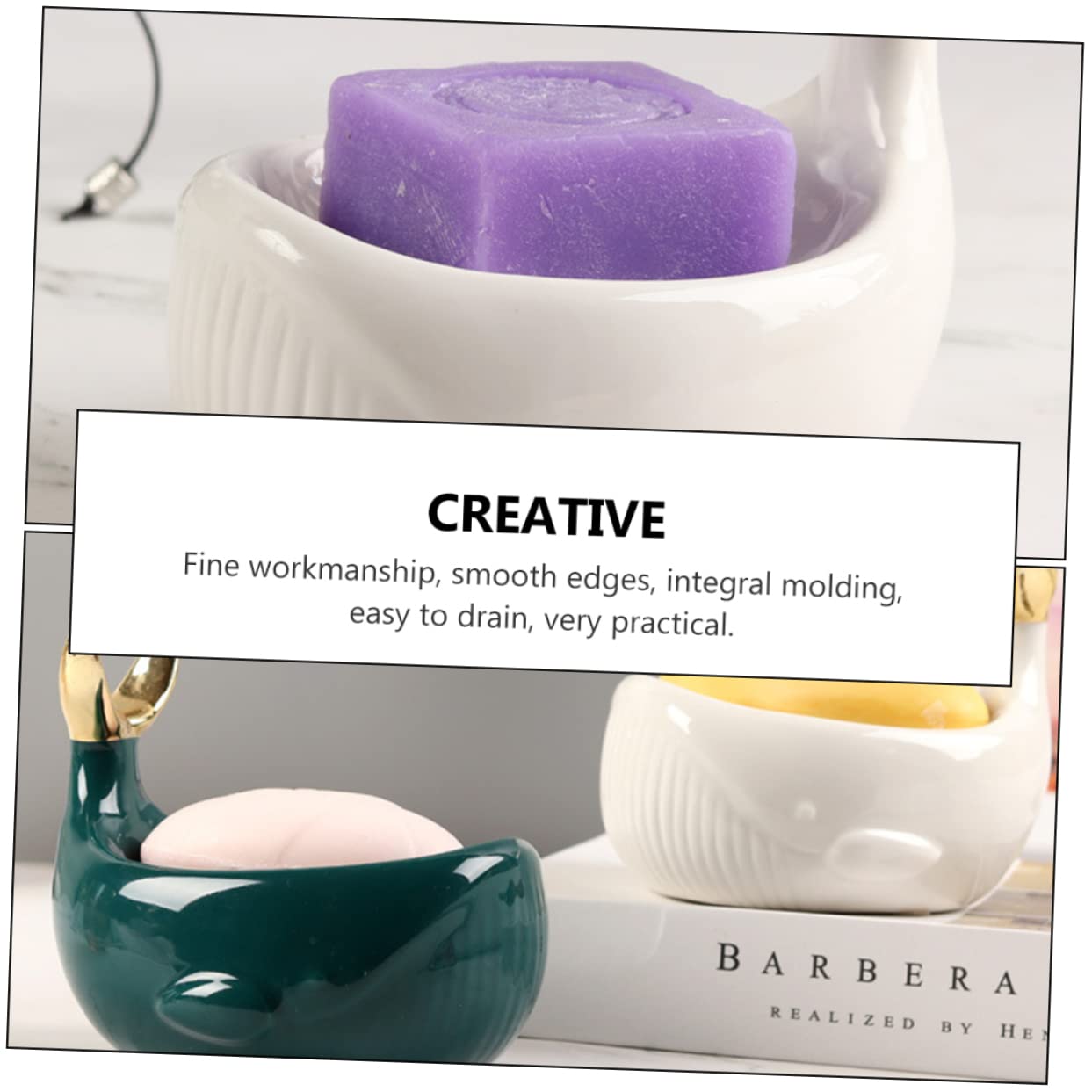 Portasapone Da Bagno in Ceramica a Forma Di Cetaceo Nordico, Scatola Di Sapone Drenante Elegante Con Gancio Per Piccoli Oggetti, Design Pratico Per Bagno e Wc, Bianco