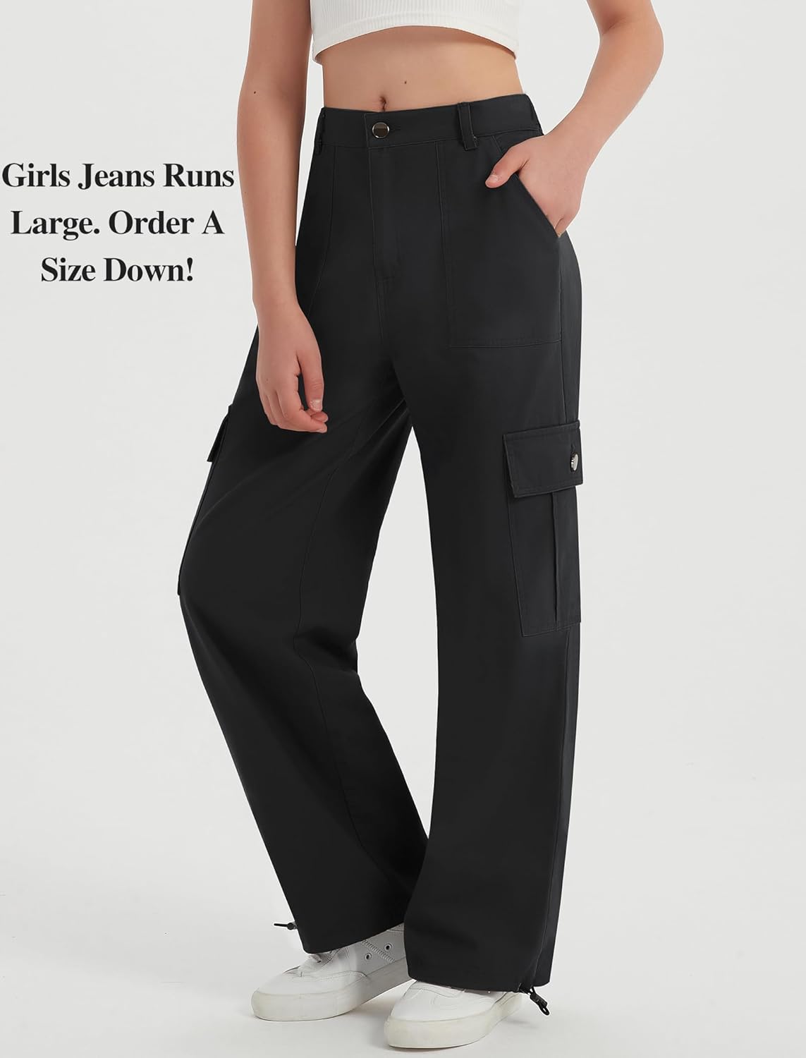 EXARUS Girls Jeans Cargo Wide Leg Baggy Denim Straight Loose Pants Tween Elastic High Waistband Pockets Youth Clothes - Image 3