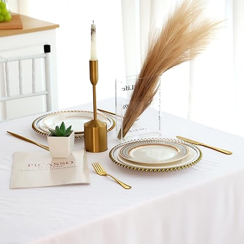 Miniatura 4 de Fixwal Mantel rectangular blanco de 60 x 126 pulgadas, paquete de 2 manteles de tela de poliéster lavables para mesa de comedor, boda, recepción,