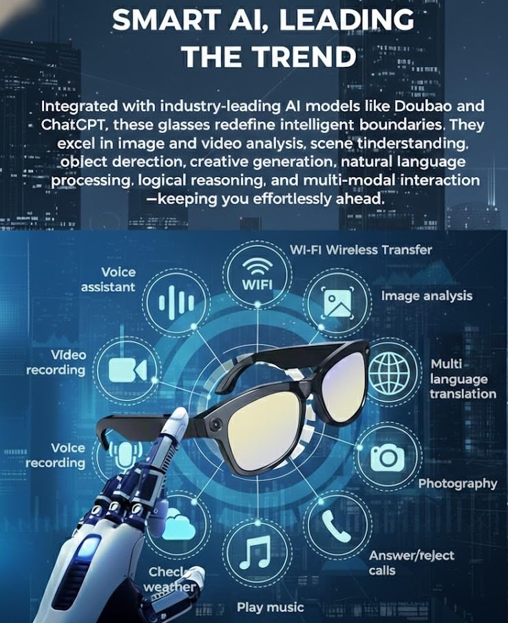 Image of Aeoss Smart AI Glasses with 8MP HD Camera, 1080P Video Recording, ChatGPT Voice Assistant, Live Translation & Object Recognition, ENC Noise Reduction, Bluetooth 5.3 Sunglasses (Photochromic)