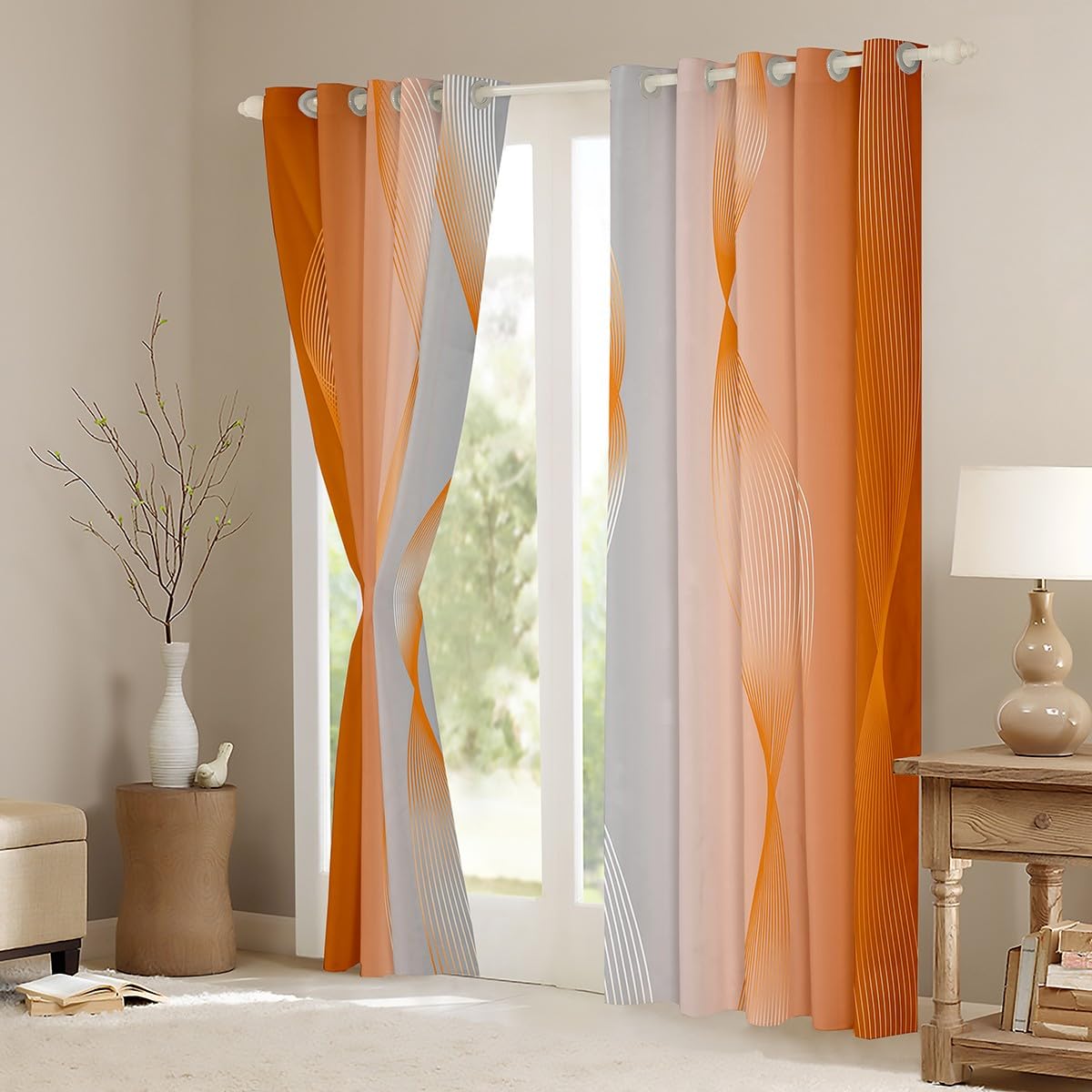 Homewish Gradient Orange and Greyish White Blackout Curtains Ombre 2 Panels 66" Wx72 L Curtains & Drapes,Trippy Spiral Silver Wave Line Curtains,Abstract Art Room Decor Aesthetic - Image 4