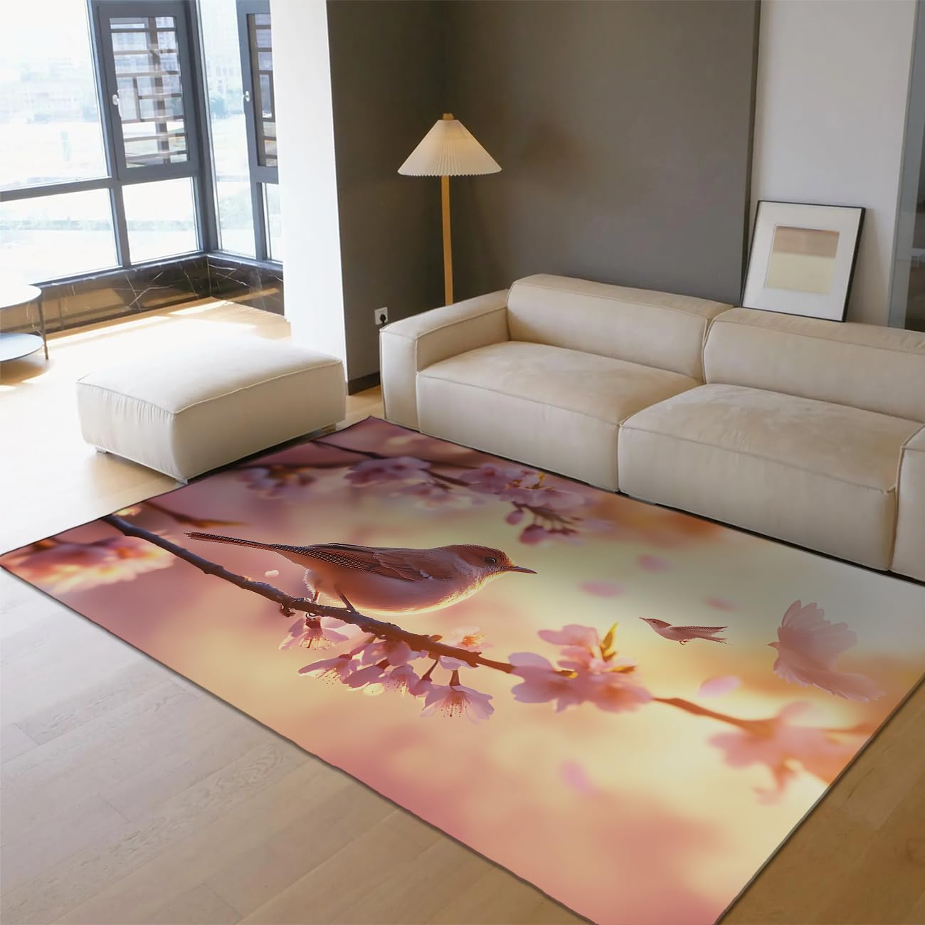 Tapis à poil bas pliable motif oiseaux et fleurs de cerisier rose