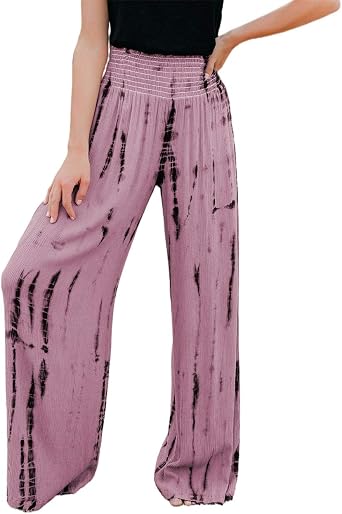 Amazon.com: BZB Pantalones bohemios de cintura alta fruncida con teñido  anudado, estampado casual, pantalones de pierna ancha : Ropa, Zapatos y  Joyería