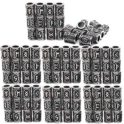 Warmshine 72 Pieces Norse Viking Rune Beads Hair Beard Pendant Antique DIY Bracelet Jewelry Pendants Necklace Braid Accessories Beard Beads for Men Braids Locs Viking Jewelry Enthusiasts Silve