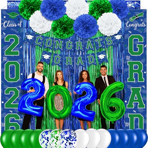 Image of Graduation Party Decorations Class of 2026, Graduation Decorations with Congrats Grad Banner Fringe Foil Curtain Paper Flower Ball Balloons for High School College Grad Party Supplies, Blue Green