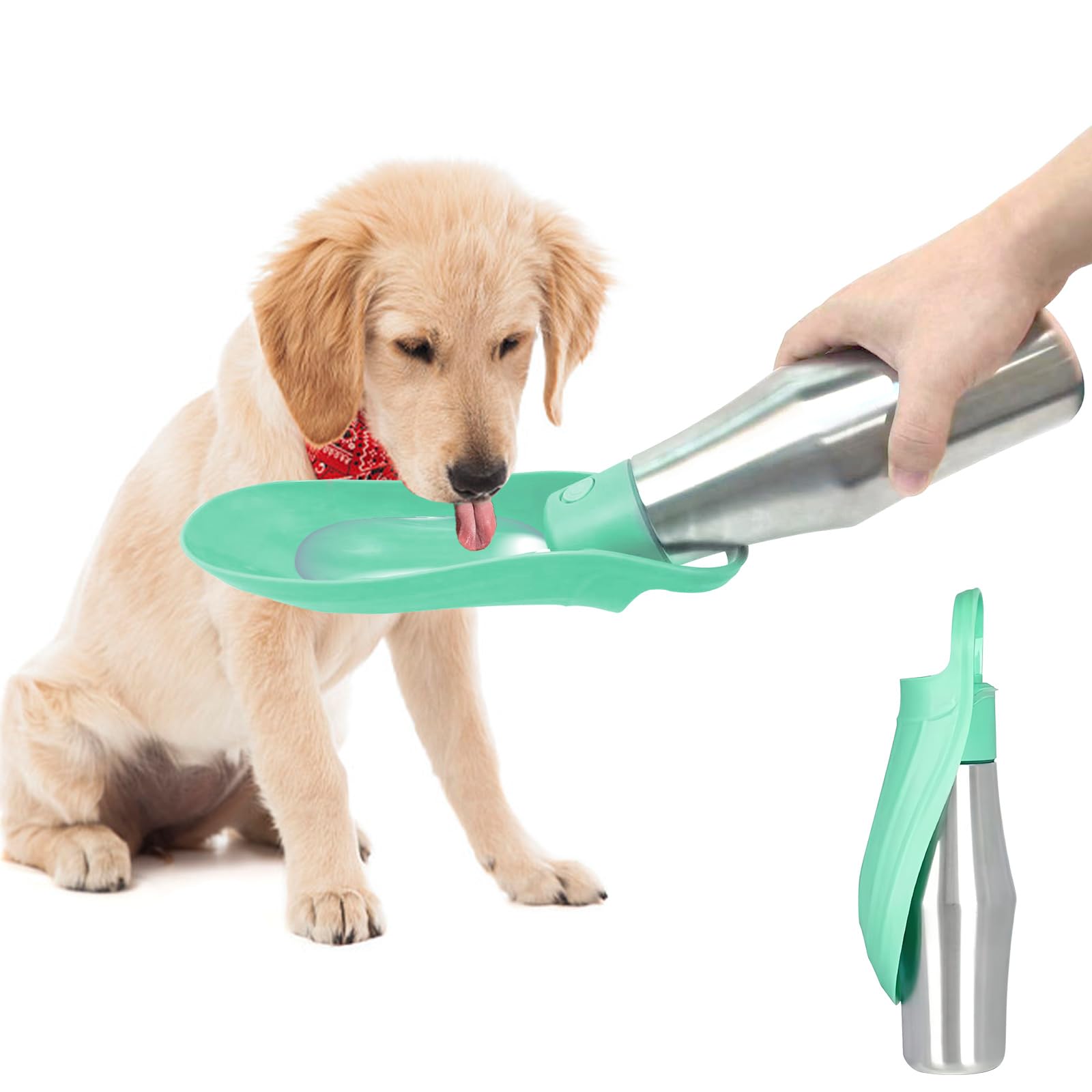 Botella de Agua para Perros Portatil, ZoneYan 750ml Botella de Agua de Viaje para Perros, Dispensador de Agua Perros Acero Inoxidable, Botella de Viaje para Caminar para Perros (Verde Claro)