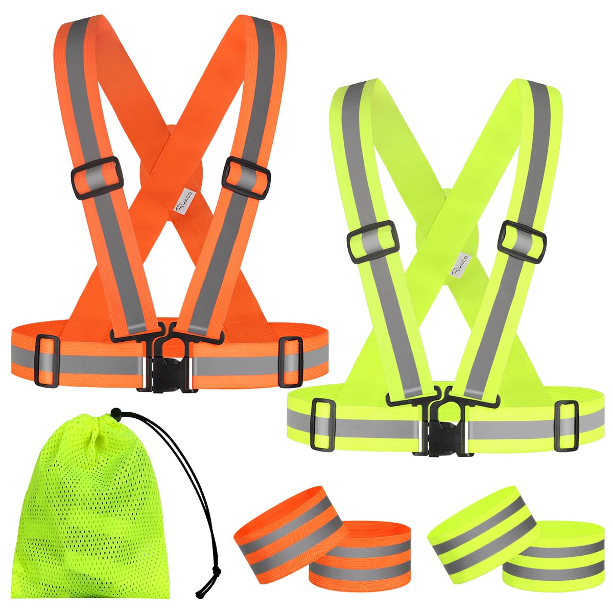 RYACO 2 PCS Safety Vest with Reflective Strips, Reflective Running Gear, Wearable range 66-136cm, Reflective Running Vest, for Night Running Cycling Hiking Motorcycle, for Men, Women, Kids