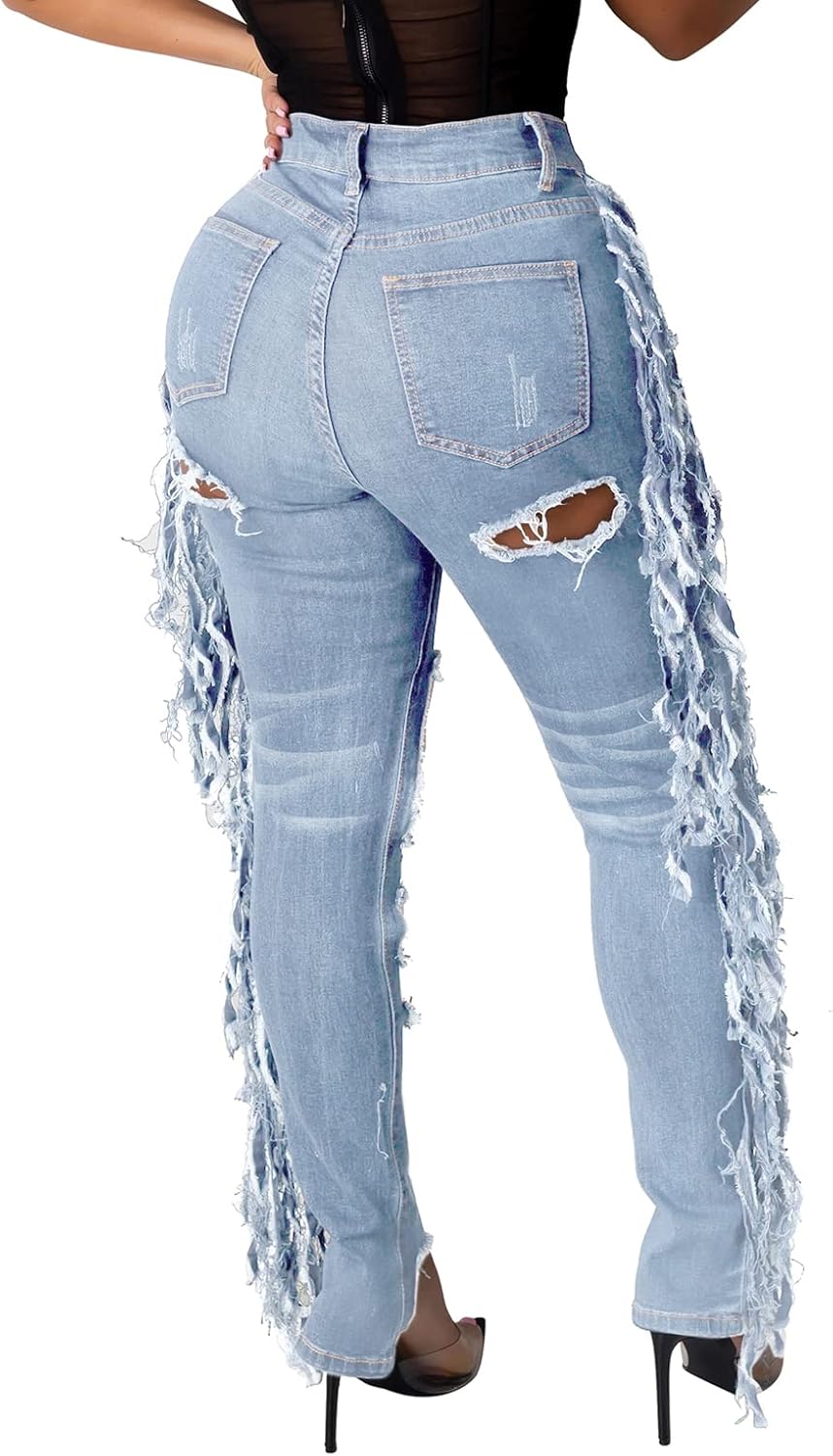 BestGirl Women's Skinny Ripped Jeans Stretch Destroyed Mid High Waist Denim Pants - Image 2