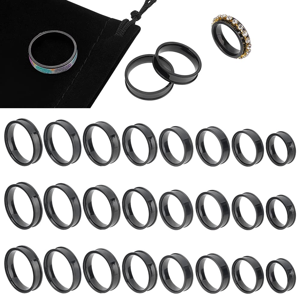 UNICRAFTALE 24pcs 8 Sizes Black Blank Core Finger Rings Stainless Steel Grooved Finger Ring Wide Band Round Empty Ring for Inlay Ring Jewelry Making Gift Size 6-13