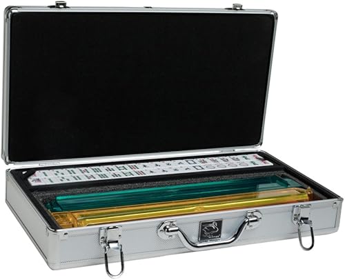 Miniatura 3 de American Mah Jongg Set by White Swan - 166 azulejos grabados blanco/azul - 4 bastidores todo en uno - Caja de aluminio - Plata