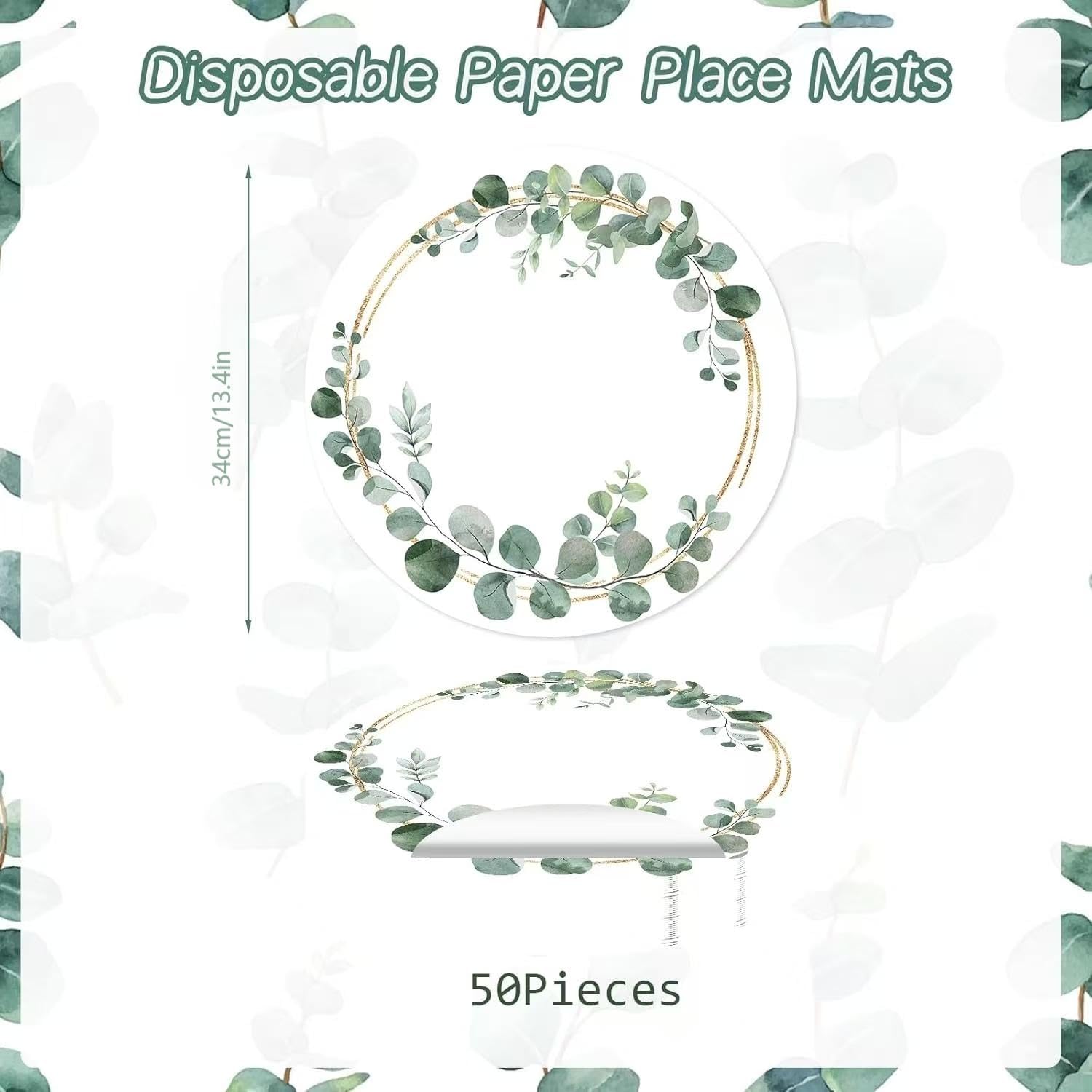 50 tovagliette di carta rotonde, tovagliette di carta con eucalipto verde, rotonde, Ø 34 cm, per compleanno, matrimonio, vacanze, festa
