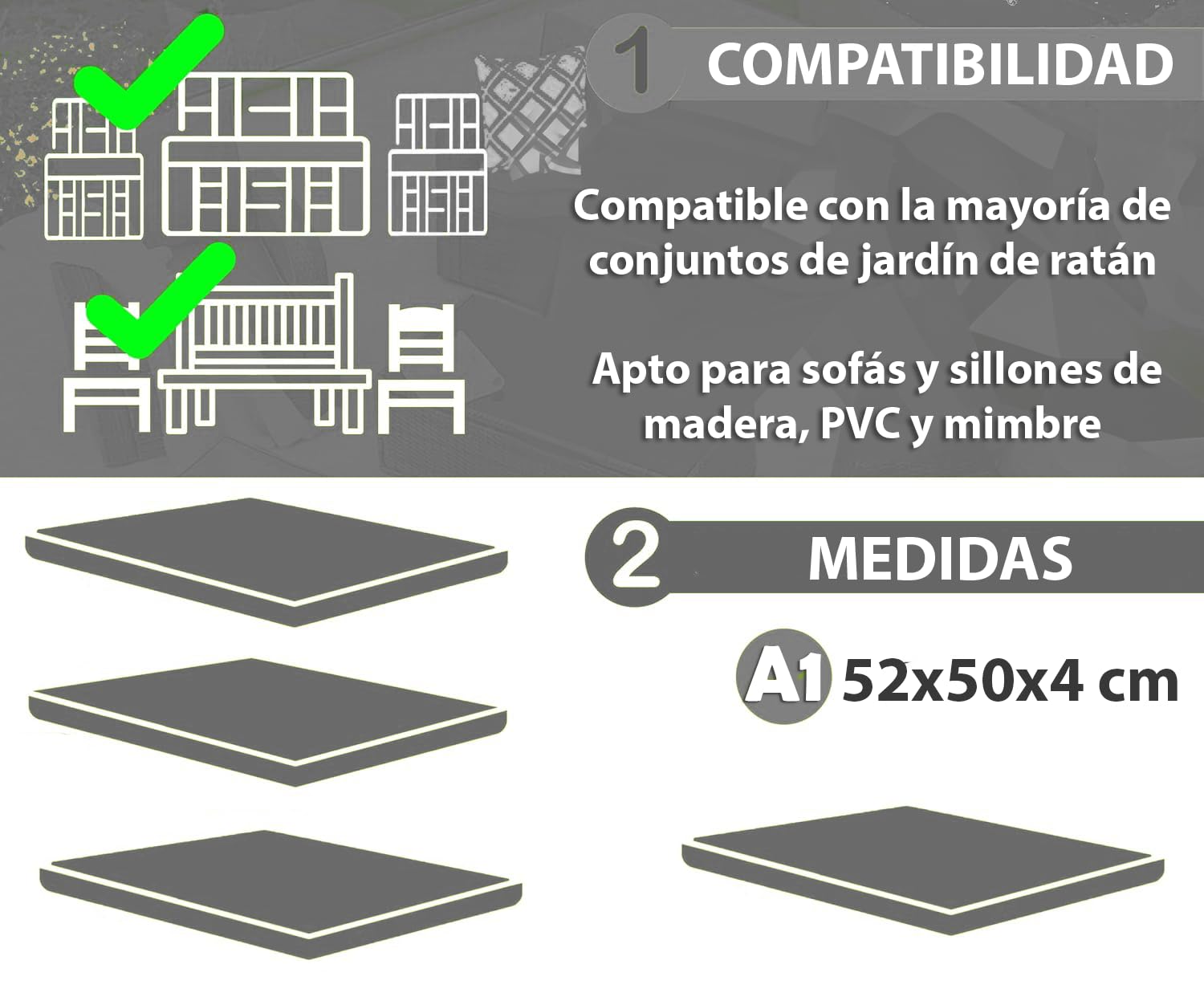 HAND 4 Cojines de Exterior de 52 x 50 cm, Altura de 4 cm, para sillas de jardín, Acolchados, Cojines para decoración de Exteriores (Antracita)