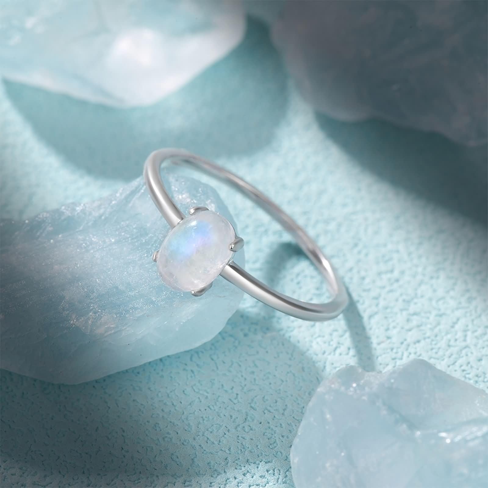Anillos Boda Oro Blanco 9K/14K/18 Kilates de Mujer, Ovalado con Piedra de Luna, Anillos de Plata Compromiso Mujer