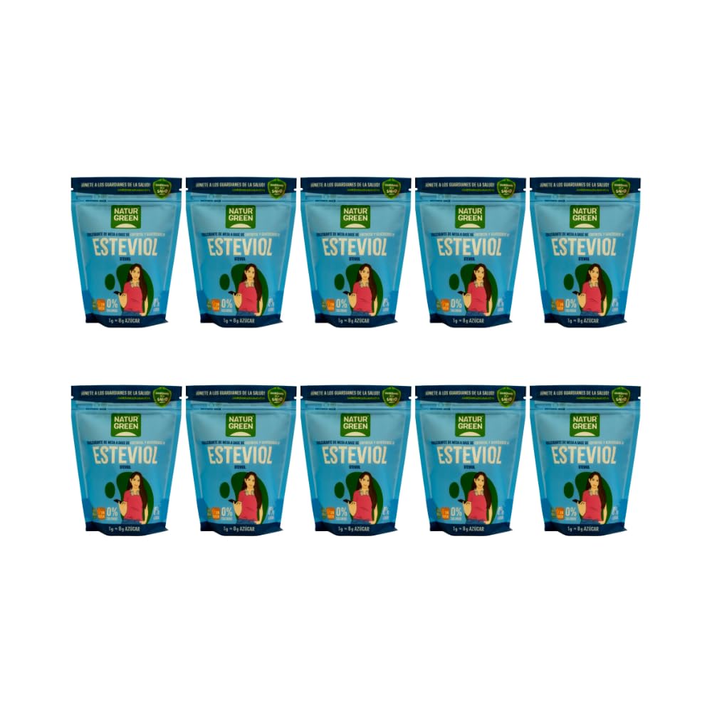 NaturGreen - Steviol, Edulcorante Natural, con Base de Eritritol, Sustitutivo del Azúcar, Orgánico, 100% Vegetal, Bajo Índice Glucémico, Sin Gluten, Sin Lactosa - Pack 10 unidades de 500 g