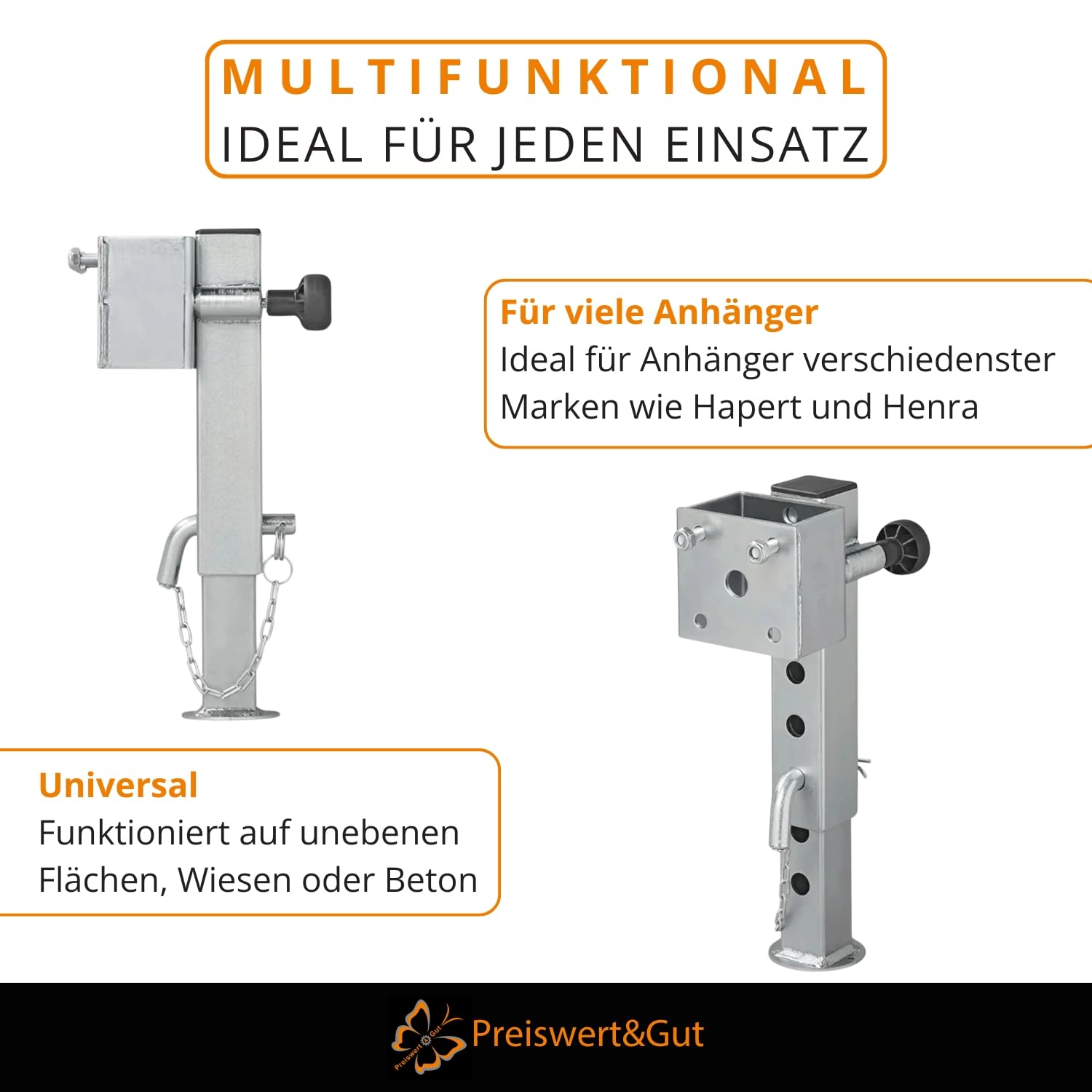 Preiswert&Gut 2X Anhängerstützen & Kurbelstütze Wohnmobil – Stütze 1300 kg, Stahlrohr 60x60 mm, kippbar – höhenverstellbar 345–445 mm Ausdrehstütze und Wohnwagenstützen Anhänger