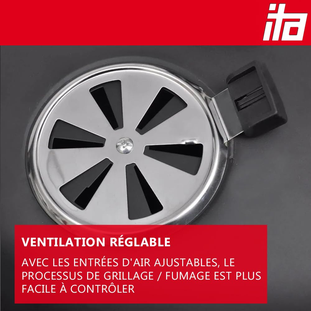ITA Barbecue Multifonction 3 en 1 - Griller, Fumer, Cuire - Barbecue modulaire à Charbon de Bois avec thermomètre & régulation d'air sur Le Couvercle - Fumoir tonneau