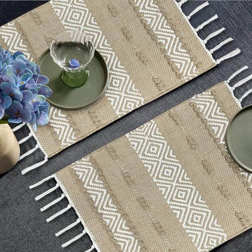 Image of Luxe Home Cotton Table Placemats with Tassels Rectangular Woven Dining Mats Heat Resistant, Washable Table Mats for Dining Table Home, Kitchen & Restaurants (66x33 cm) Set of 4