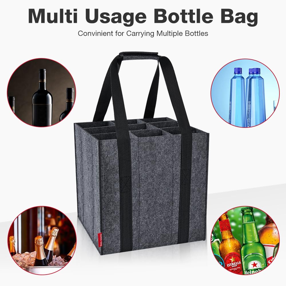 Eurhomewit Borsa per Bottiglie Vino Acqua in Feltro, 9 Scomparti Borse Porta Vino Portabottiglie, Borsa Trasporto per Vino Bottiglie in Vetro 1,5 litri, Riutilizzabile - Nero
