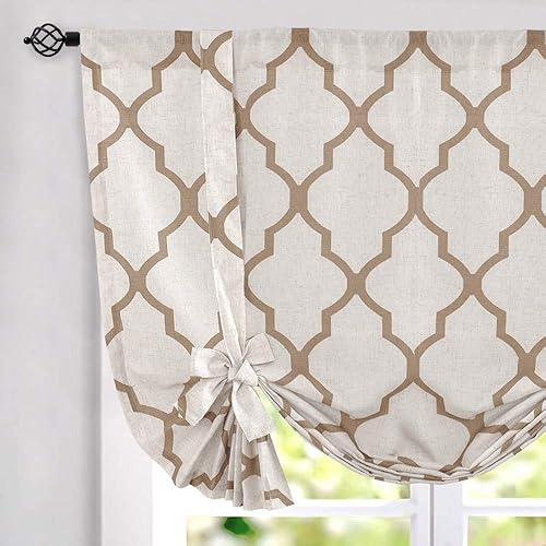 jinchan Moroccan Printed Tie Up Shade Curtains Rod Pocket Drapes Multicolor Medallion Flax Living Room's Small Window Curtains 1 Panel 54 Inch Length Taupe on Beige