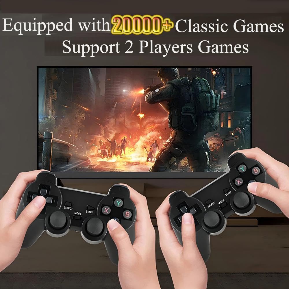 Whatsko Retro Konsole Spielkonsole Game Stick 4K, Retrolink 20000+ Spiele mit 2 Wireless Controllers Gamepad-64G, Plug and Play Video Game Console für TV HDMI, Geschenke für Kinder Erwachsene