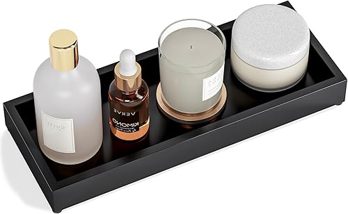 Bandeja de tocador de baño, bandeja decorativa negra para mostrador, 11.2 x 4.3 pulgadas, soporte pequeño de madera para fregadero, bandeja de jabón