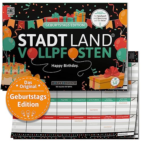 DENKRIESEN - Stadt Land VOLLPFOSTEN® - Geburtstag Edition - \'Happy Birthday.\' - DIN A4 Spielblock | ab 9 Jahren | 50 Blatt | Geschenkidee | Partyspiel | Familie | Spaß vorprogrammiert DENKRIESEN - Stadt Land VOLLPFOSTEN® - Geburtstag Edition - \'Happy Birthday.\' - DIN A4 Spielblock | ab 9 Jahren | 50 Blatt | Geschenkidee | Partyspiel | Familie | Spaß vorprogrammiert