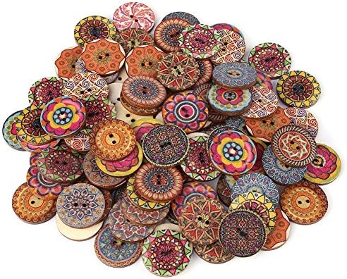 100 PCS 1 inch Mixed Pattern Vintage Wooden Buttons with 2 Holes for Sewing Clothing Accessories, DIY Crafting Projects Decorations… (100)