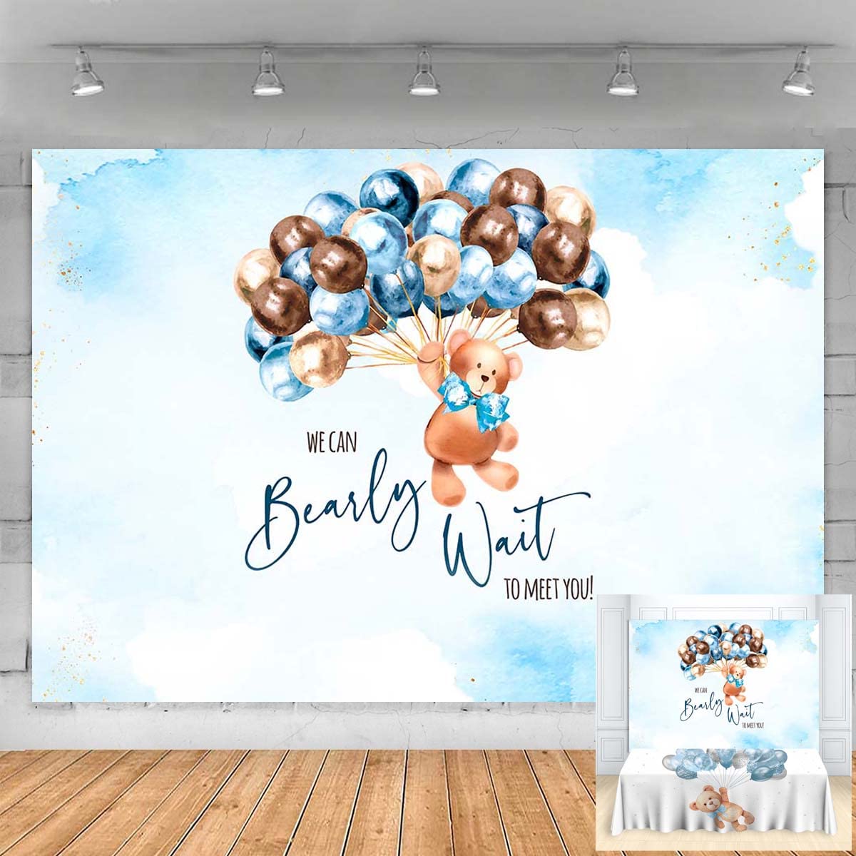 Baby Shower Party Backdrop,We Can Bearly Wait to Meet You Banner, Photo Booth, Photography Background Boy. (150x100cm Vinyl)