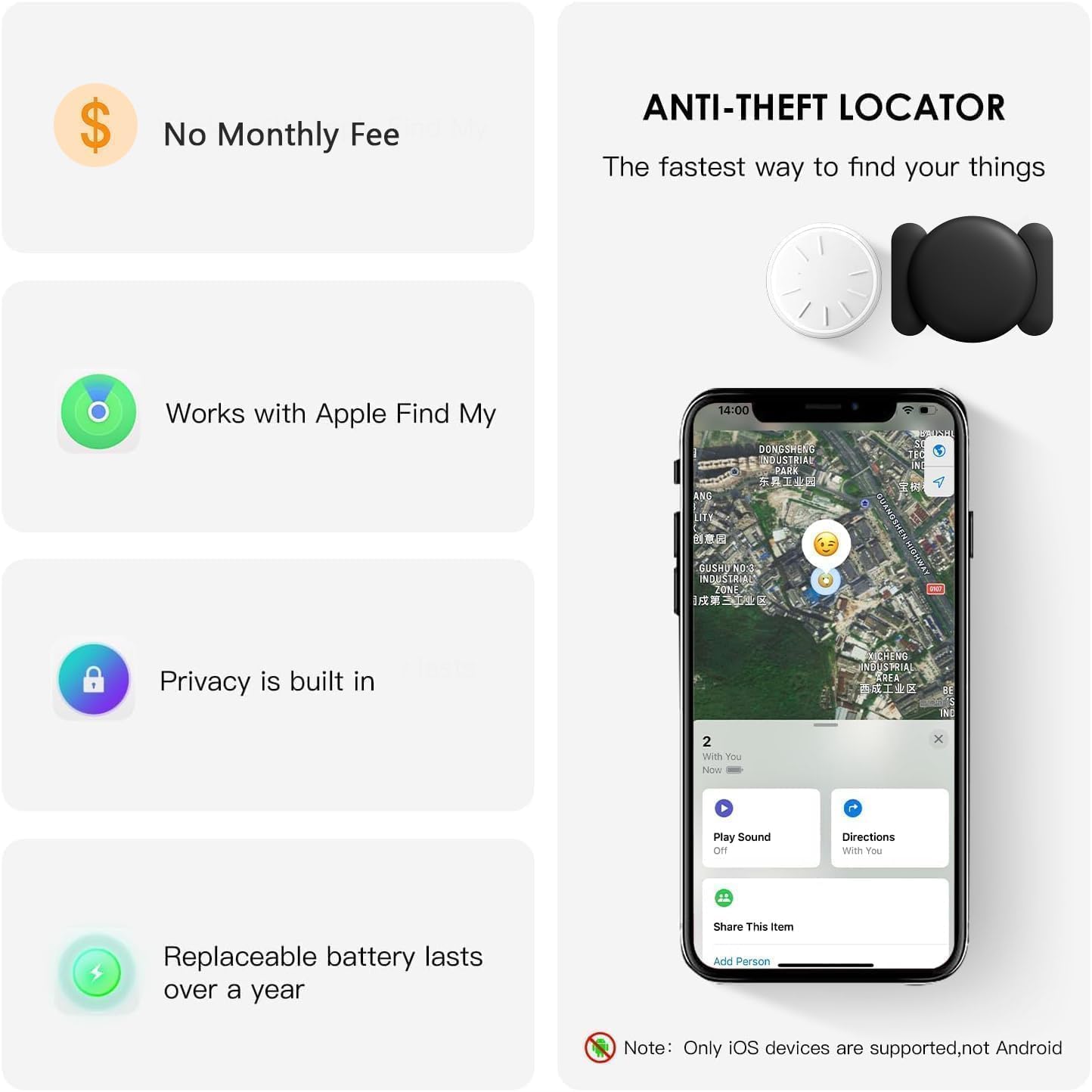 Mini localizzatore nascosto per auto con custodia magnetica, dispositivo di monitoraggio della tariffa mensile per veicoli funziona con Apple Find My (solo iOS) (nero, 2 pezzi)