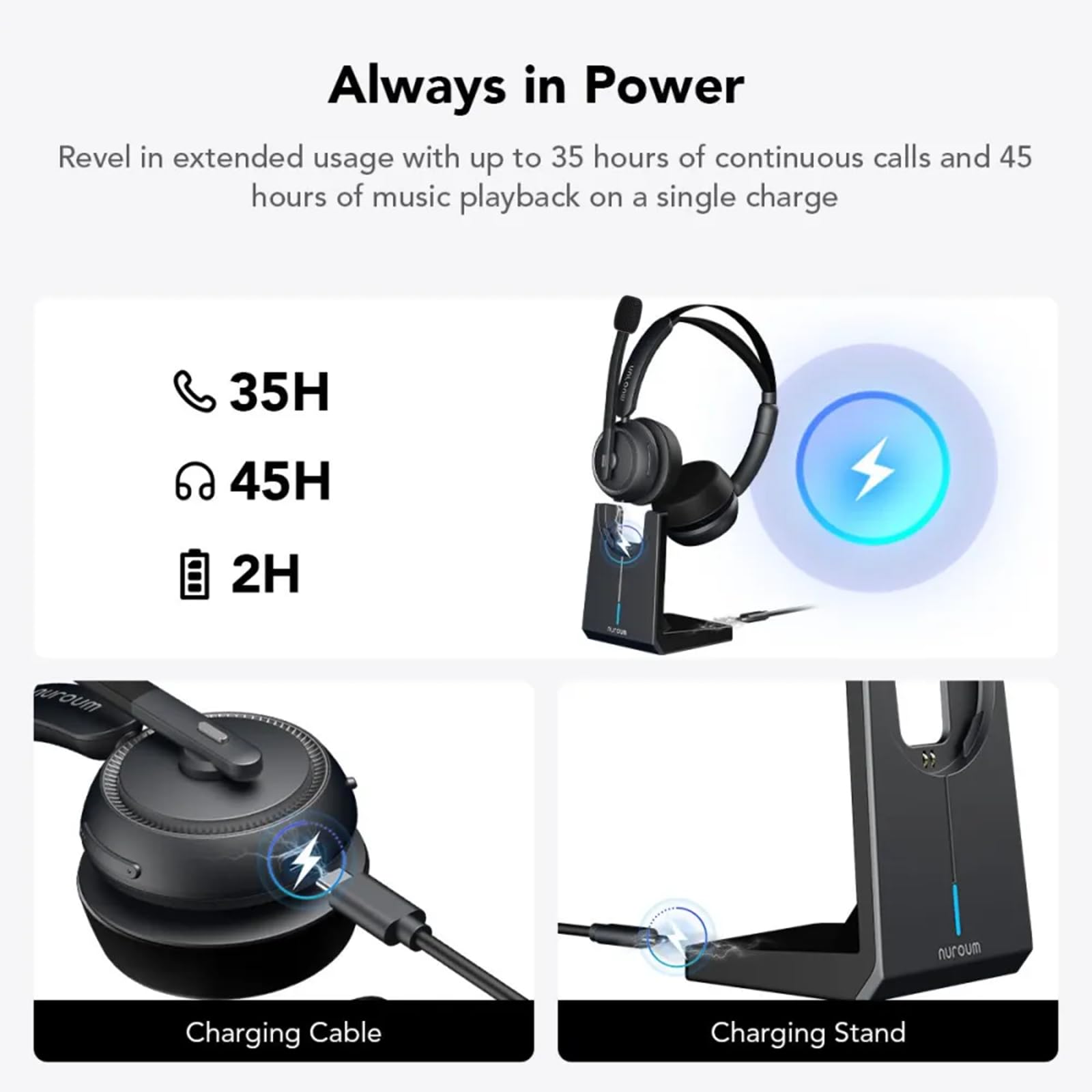 Nuroum HP31D(3rd Gen) Professionnel Casque Bluetooth sans Fil avec Micro,Casque à Réduction de Bruit ENC, Station de Charge/Bluetooth 5.4/USB Dongle, 45H d'Autonomie pour Télétravail/PC/Appels Clairs