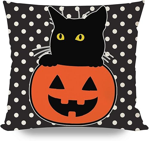 Miniatura 5 de PANDICORN Juego de 4 fundas de almohada de Halloween de 18 x 18 pulgadas, diseño de gato, calabaza, fantasma, bruja, caramelo, maíz, rayas negras,