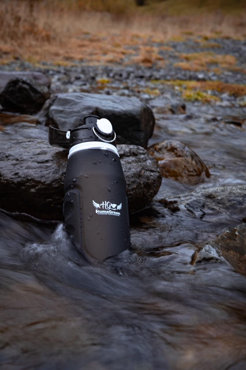 HumaGreen Gourde Filtrante 1 Litre Noire – Filtre à Eau Portable Réutilisable – Élimine 99,99% des Bactéries, Métaux Lourds – Idéal Randonnée, Voyage, Survie, Camping