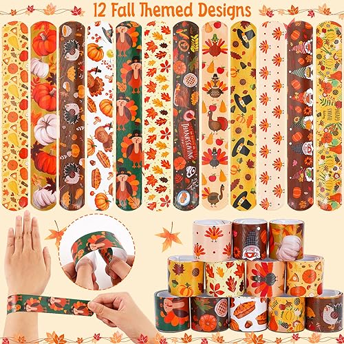 Image of JUNEBRUSHS 56Pcs Fall Thanksgiving Slap Bracelets Wristbands Party Favors