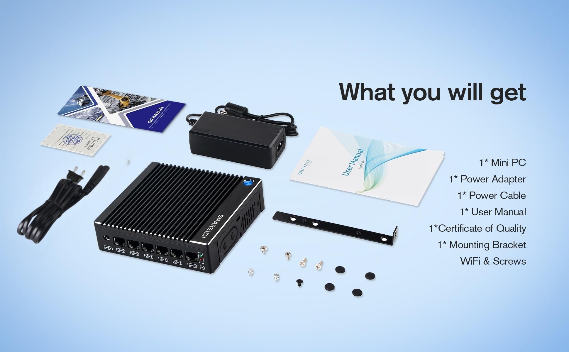 Sharevdi Fanless Firewall Appliance 6X Intel i226 LAN Firewall Mini PC Intel N3710 4C/4T,DDR3 mSATA SSD, Network Gateway Soft Router, Test with P-F-Sense/OPN-Sense AES NI HD/Type-C/SIM Card/TF/Wi-Fi: N3710/DDR3/mSATA SSD/6 LAN/Type-C