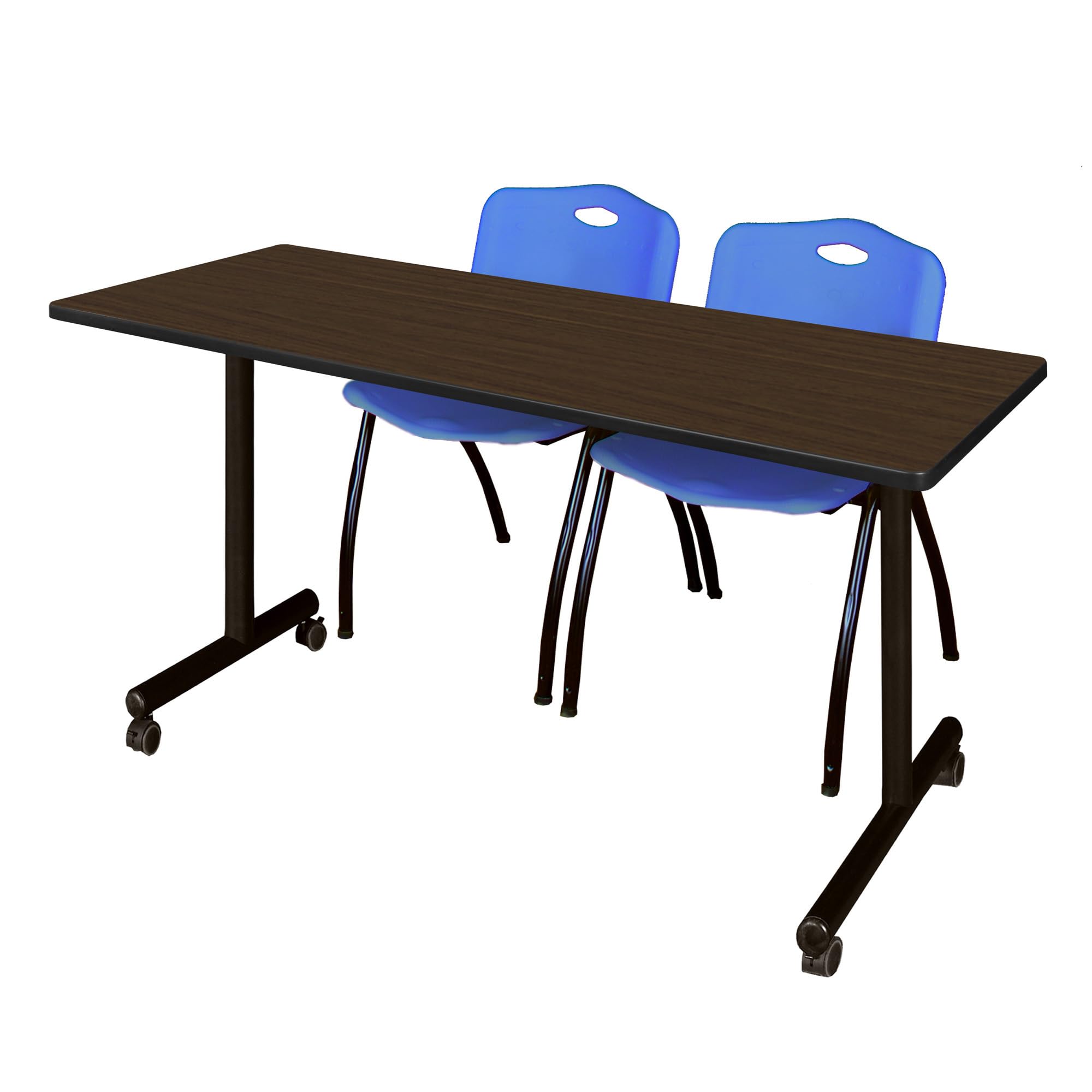 Romig Axis-Pro 66 x 24 in. Mobile T-Base Training Table- Neo Walnut, 2 M Stack Chairs- Blue