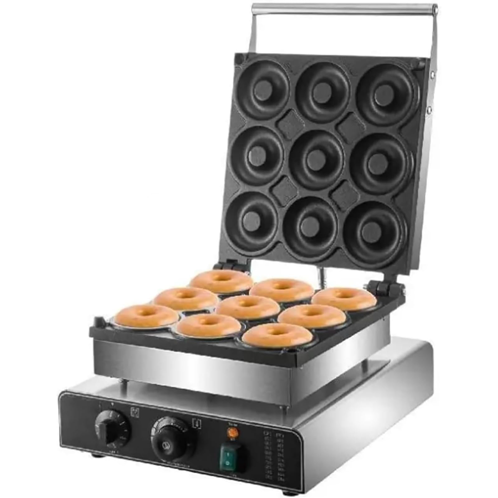 Donut Machine, Commercial 9-Hole Cake Machine, Double-Sided Heating, Non-Stick Surface, Adjustable Time and Temperature Knobs, for Bakery, Dessert Shop, Restaurant, Canteen, Tea House