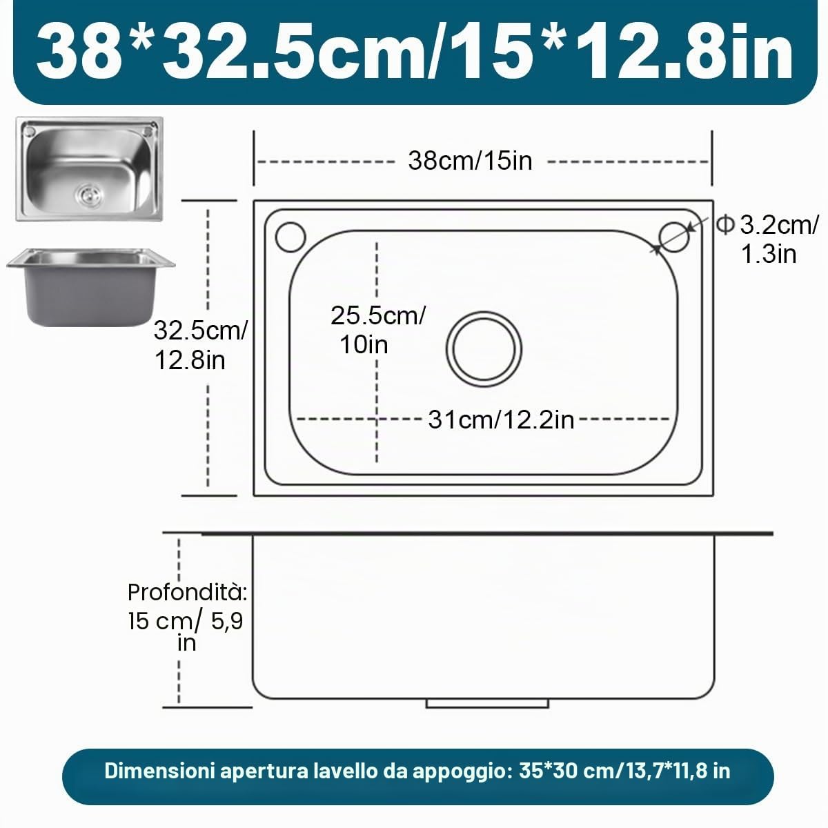 Lavello da cucina in acciaio inox,Lavandino cucina argento,Lavello Cucina 1 Vasca,Lavello da incasso,Lavabo cucina Piccolo con filtro di scarico,38x33 cm a 60x45 cm(38x33x15 cm)