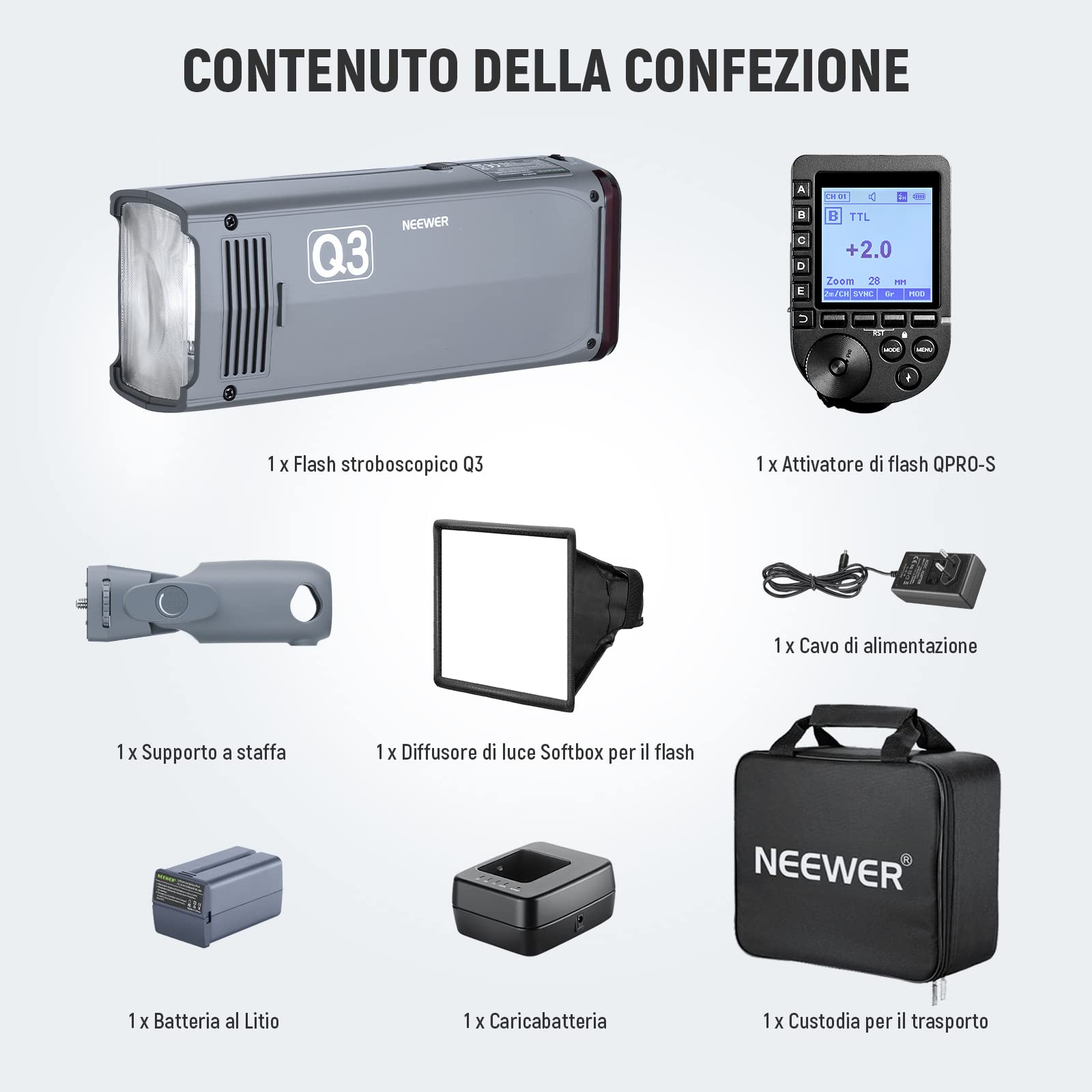 NEEWER Flash TTL Q3 200Ws 2,4G (2a Versione), Luce 1/8000 HSS, Monoluce Fotografica/Attivatore QPRO-S Compatibile con Sony, Diffusore/Batteria 3200mAh, 500 Scatti a Piena Potenza, Riciclo 0,01-1,8s