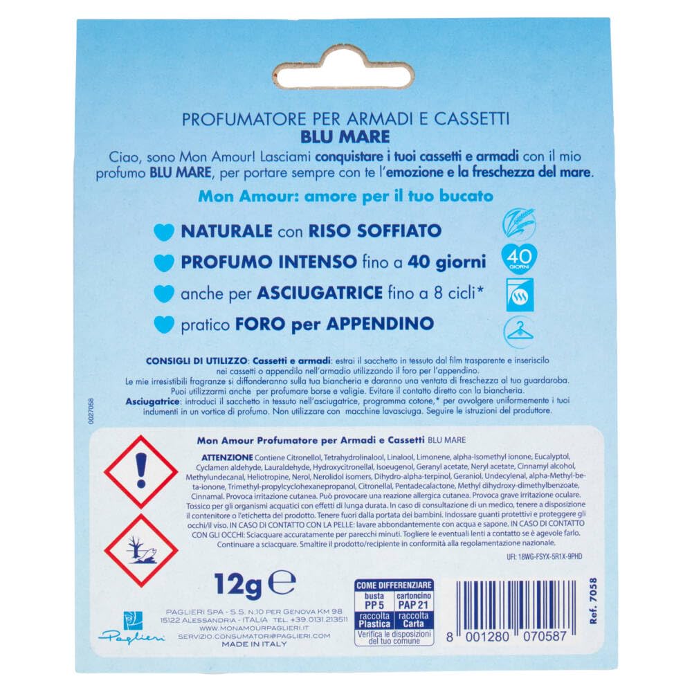 10 sacchetti profumati Paglieri Mon Amour Blu Mare Profumati – Sacchetti profumati – Deodorante per ambienti piccoli 12 g + portachiavi Beni Culinari