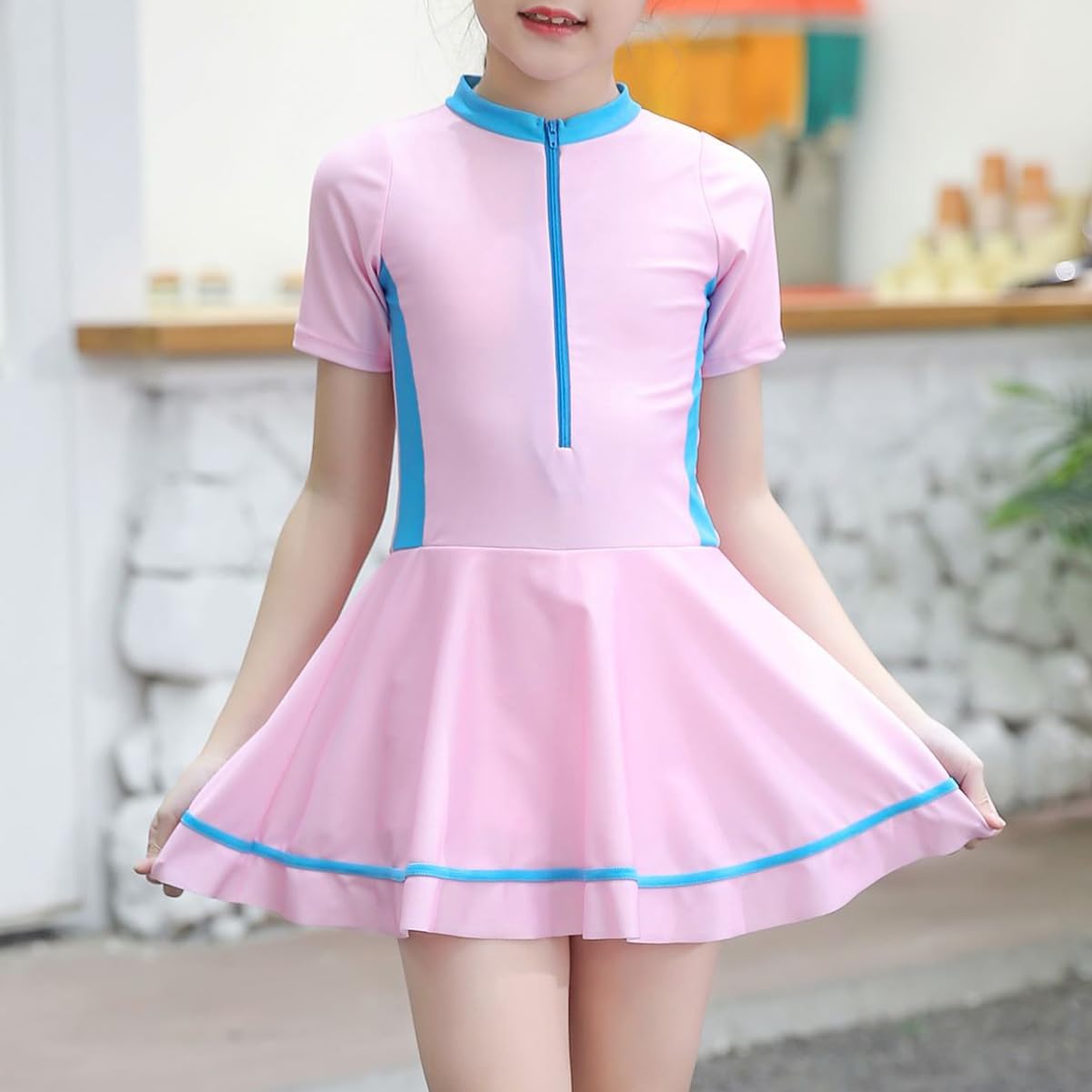 IDOPIP Girls Short Sleeve Swimsuit Summer One Piece Swim Dress with Boyshorts Beach Rash Guard Bathing Suit Swimming Suit