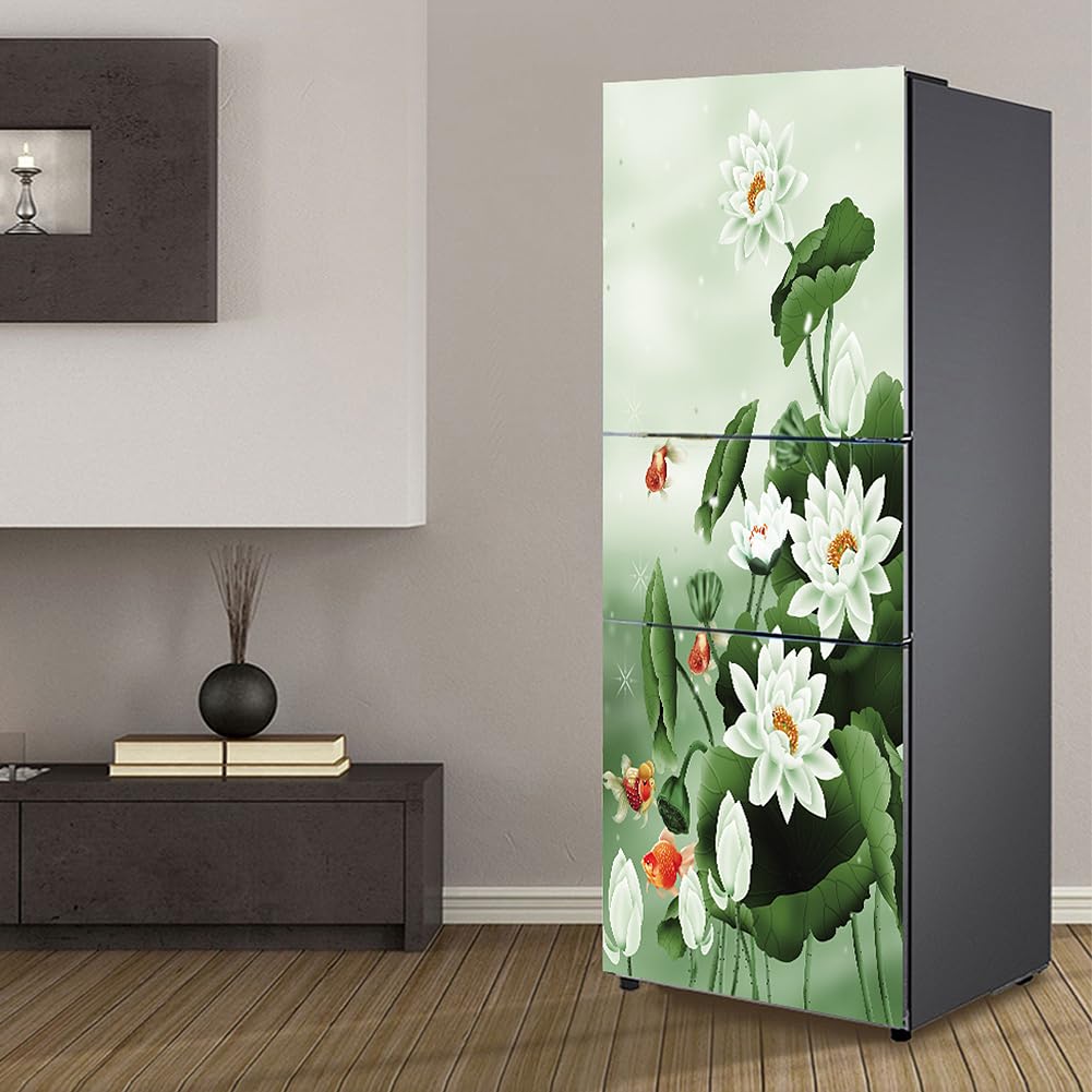Myxjx White Fridge Wrap, Full Covering Door Fridge Covers Skins Wall Stickers For Kitchen Decal, Green Leaf Lotus