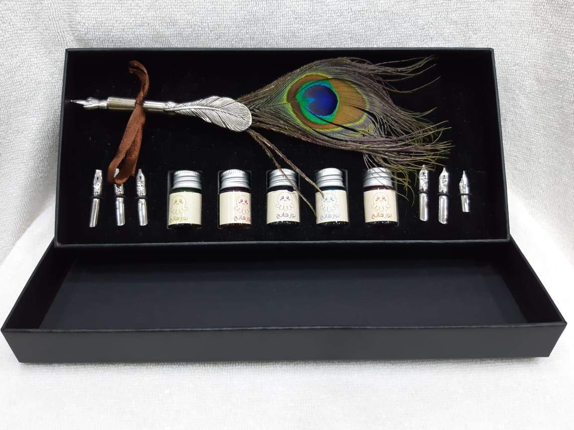 YULAN Feather Quill Pen Set Dip Pen with COLORED Ink and 6pcs Stainless Steel Nibs Calligraphy Pen in Gift box