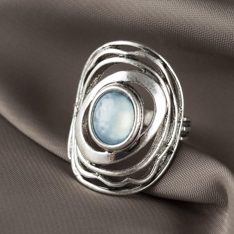 QUSIIOSLK Vintage Oval Rainbow Moonstone Cocktail Ring 925 Sterling Silver Round Cut Natural Stone Rings for Women Victorian Handcrafted Geometry Blue Gem Rings Size 5-11 Size 7 - Image 2