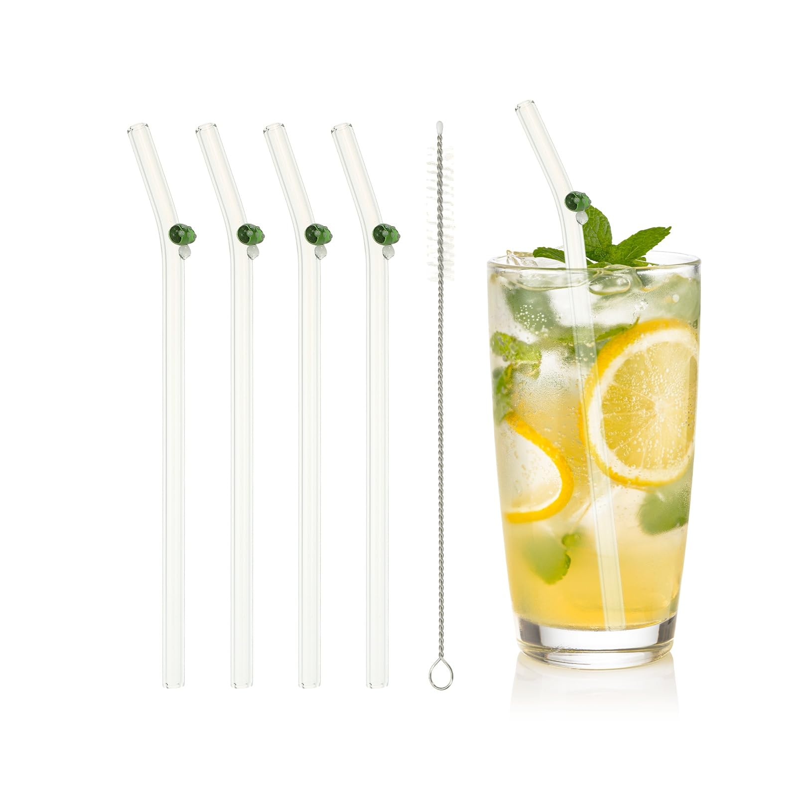 Pailles en verre champignon vert x4 réutilisables et résistantes