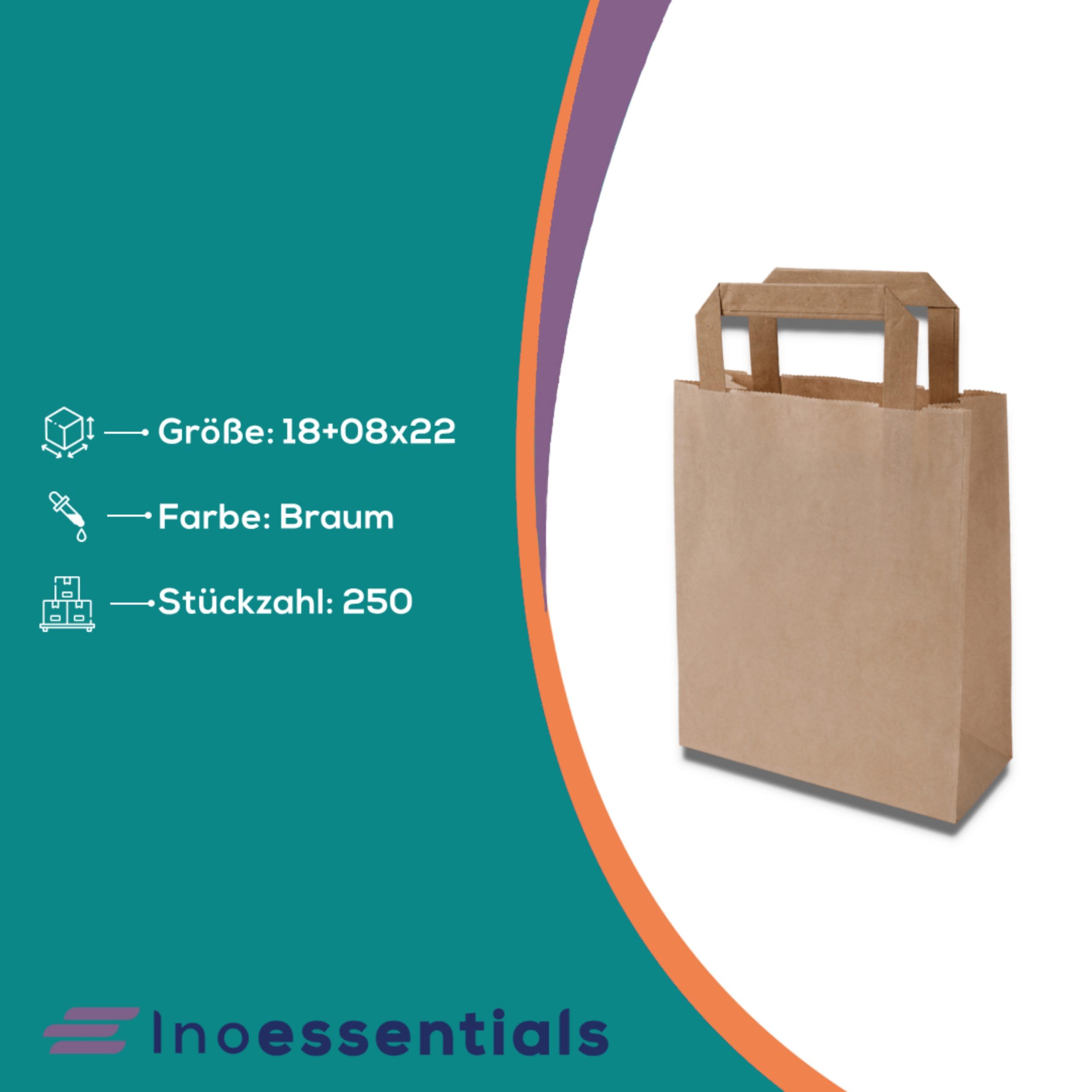 Inoverse 250 bolsas de papel de regalo, 18 + 08 x 22 cm, bolsas de papel con asa, bolsas de papel kraft marrón, bolsas de papel, pequeñas