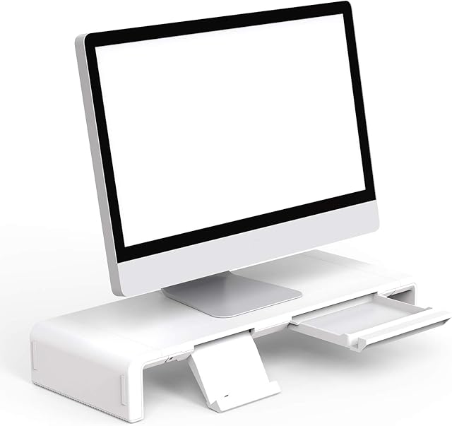 Foldable Monitor Stand Built in Storage Drawer Tablet&Phone Stand Holder,Klearlook Width Adjustable Desktop Monitor Screen Riser,Anti-Slip Monitor Mount for Computer/Printer/Laptops/TV-White
