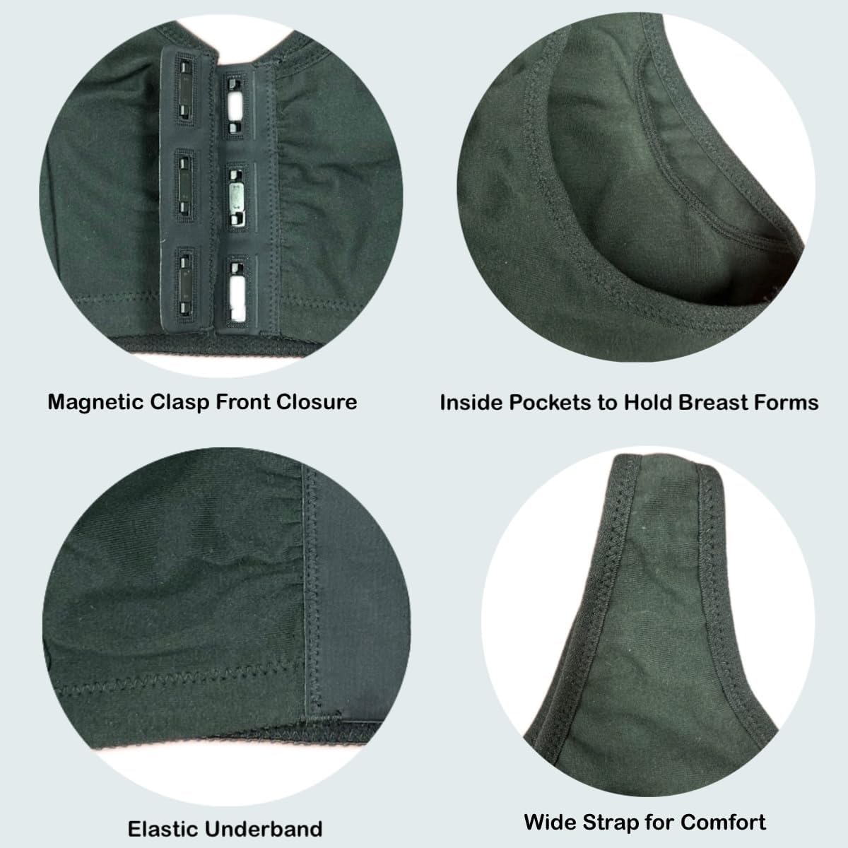 Magnetic Front Closure Cotton Adaptive Bra with Inside Pockets - Easy On Front Closure Mastectomy Bra